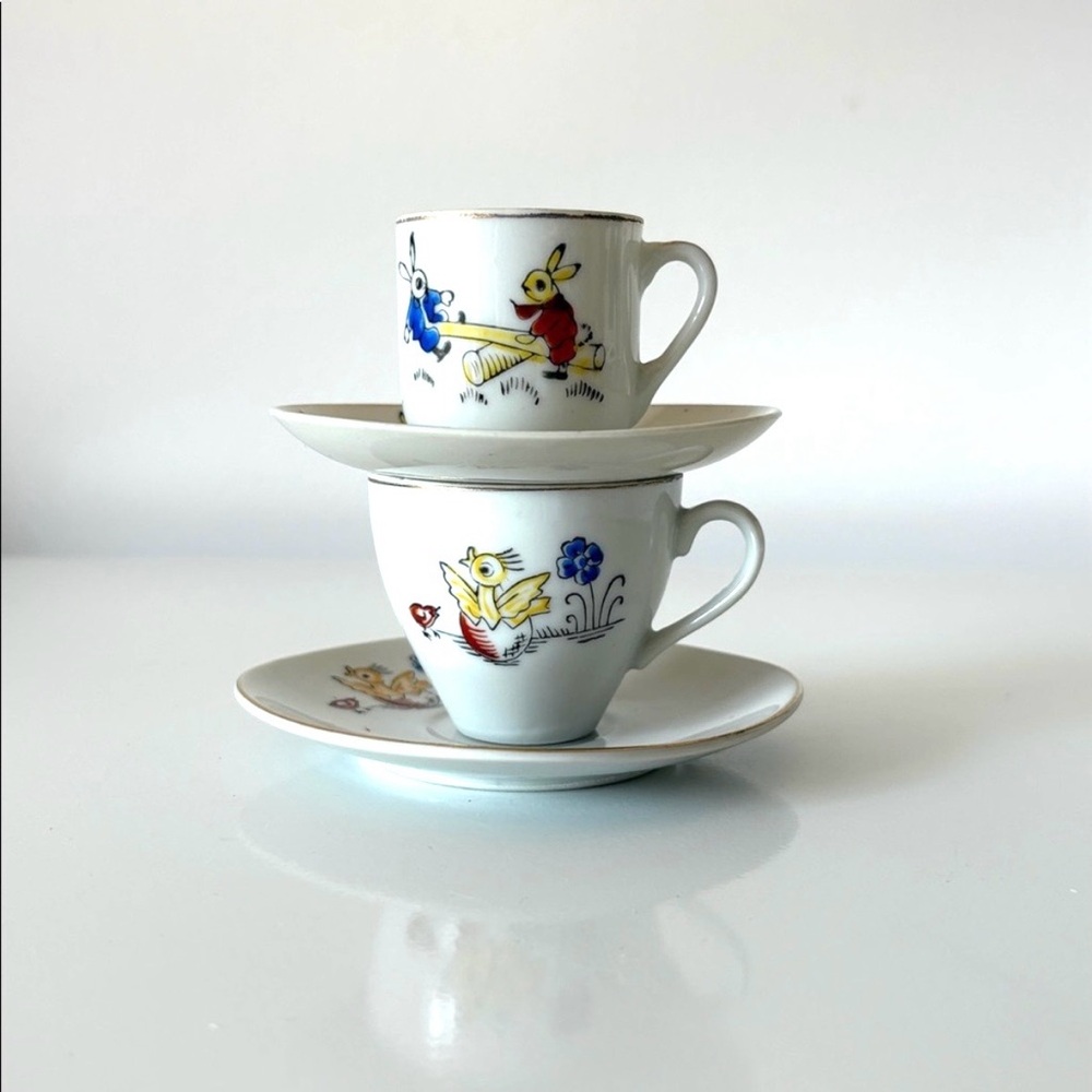 2 Mini Vintage Bunnies and Ducks China Cups Saucers Made in Japan Spring Easter